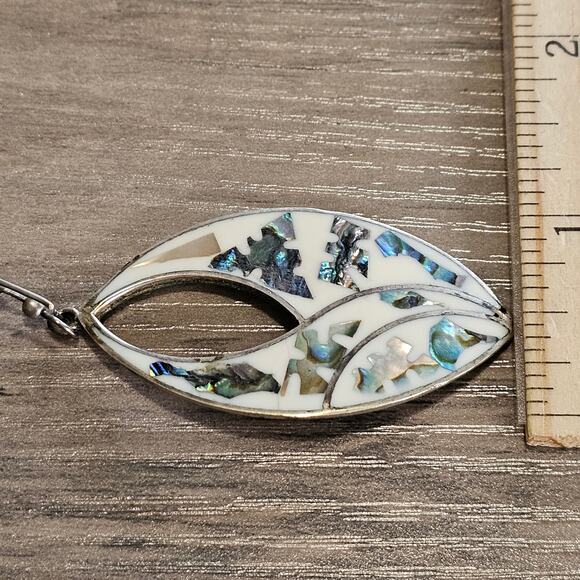 Vintage Alpaca Silver & Abalone Teardrop Cutout Dangle Earrings - Picture 2 of 5